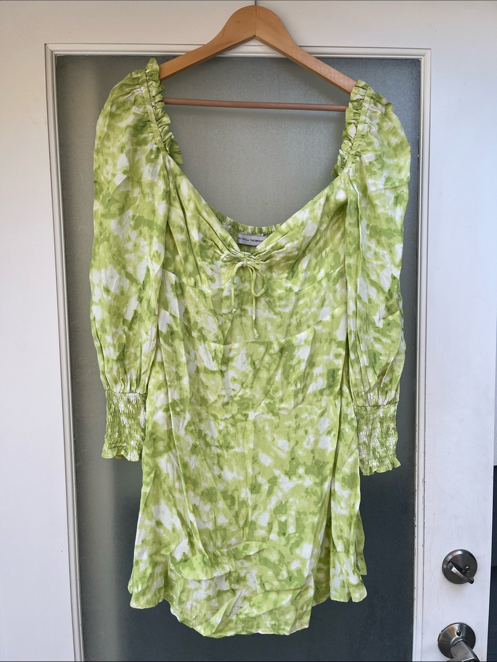 Faithfull the Brand Green Tie-Dye mini Peasant Dress